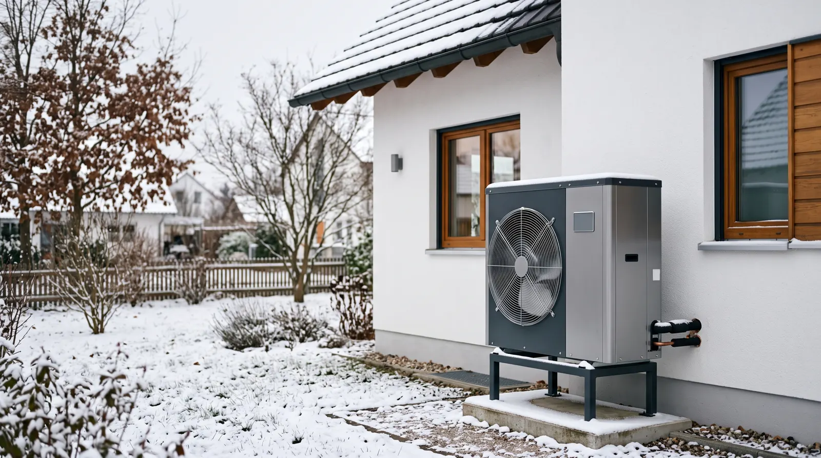 Luft-Wärmepumpe an einem deutschen Einfamilienhaus im verschneiten Winter
