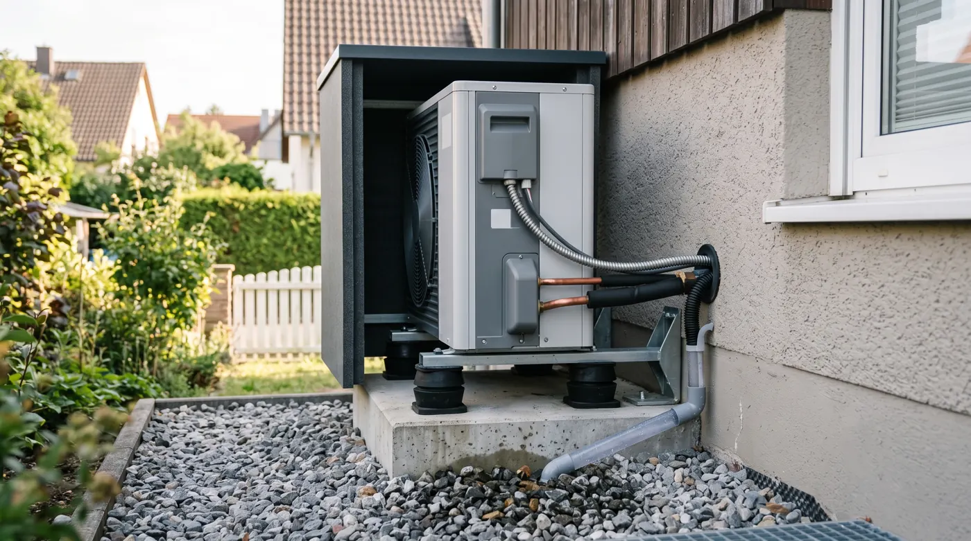Wärmepumpe mit Schwingungsdämpfern und Schallschutzhaube an einer Hauswand