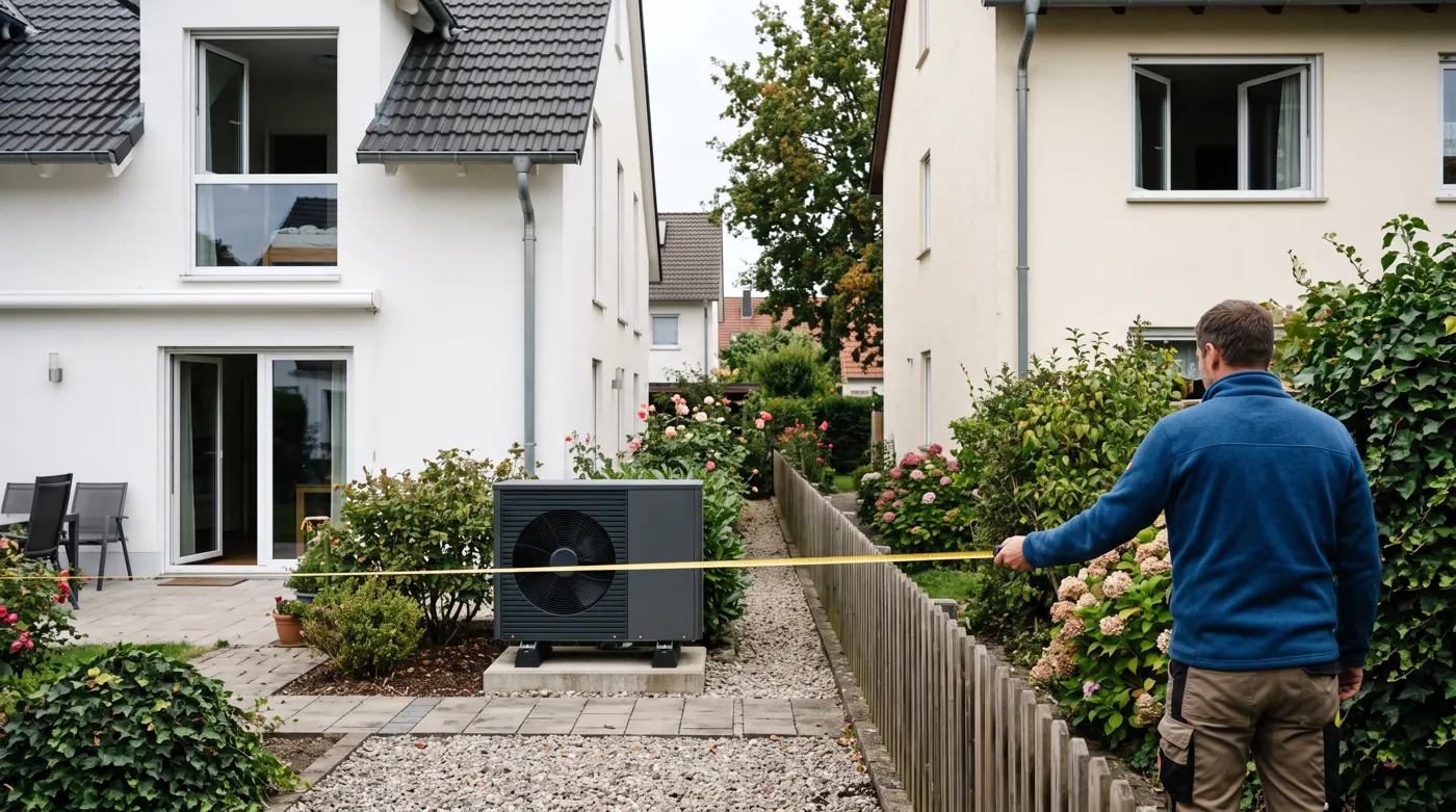 Grundstücksgrenze zwischen zwei Häusern mit Wärmepumpe und Blick auf ein Nachbarfenster