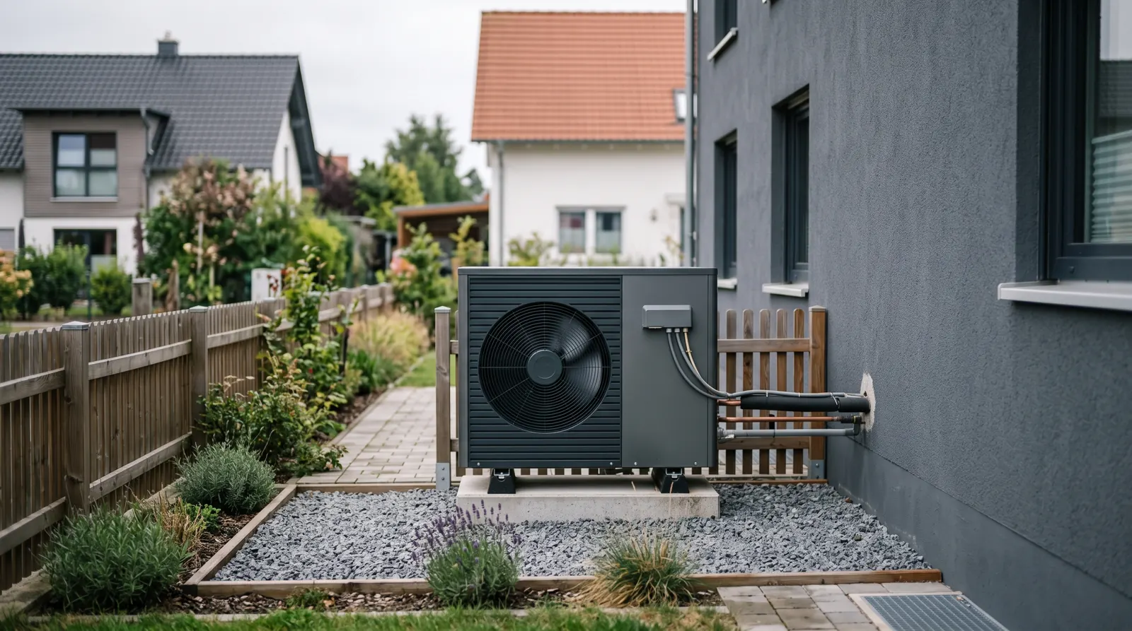Außeneinheit einer Luft-Wärmepumpe nahe der Grundstücksgrenze eines Einfamilienhauses