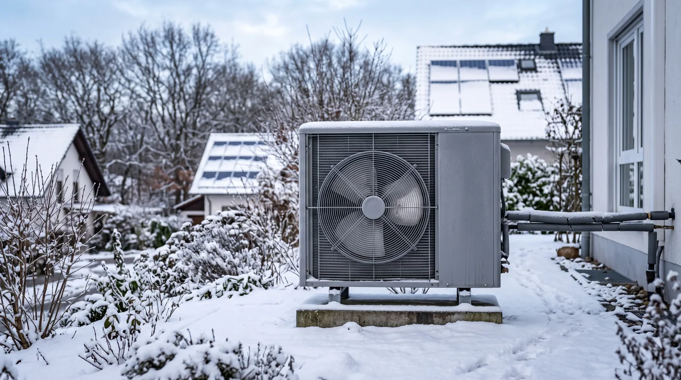 Wärmepumpe im verschneiten Garten neben Solarmodulen im Winter