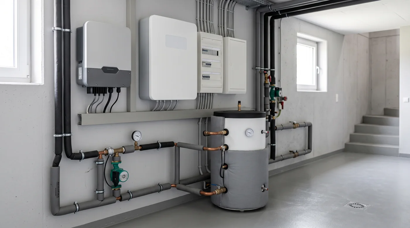 Technikraum mit Wechselrichter, Energiemanager und Pufferspeicher der Wärmepumpe