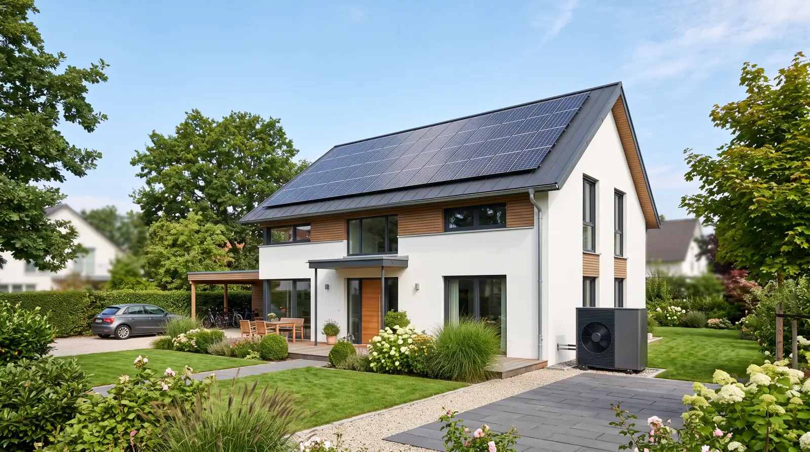 Einfamilienhaus mit Photovoltaikanlage auf dem Dach und Wärmepumpe im Garten