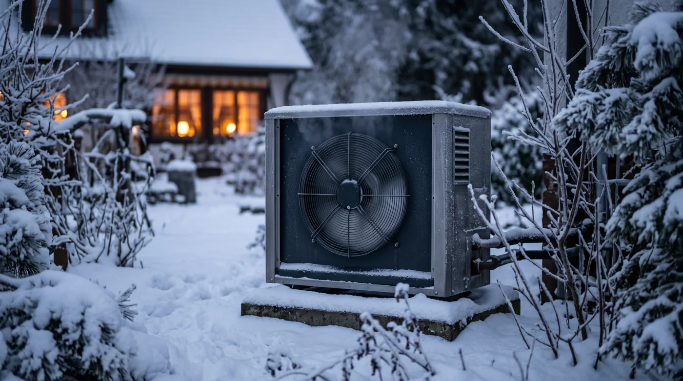 Wärmepumpe im tiefen Schnee bei Frost in Betrieb
