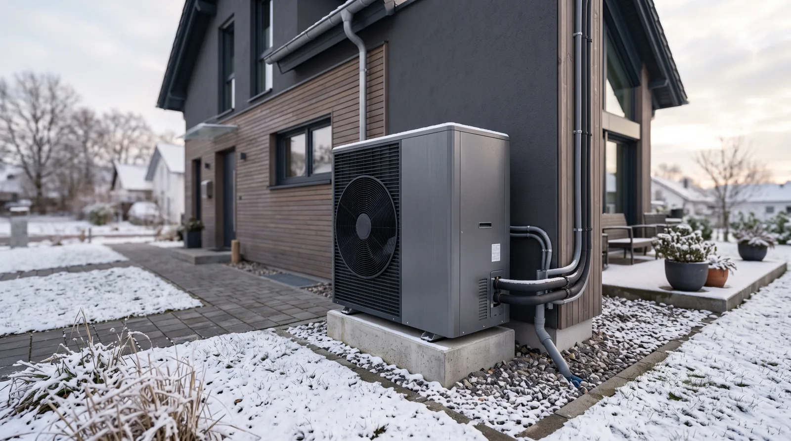 Luft-Wasser-Wärmepumpe an einem Einfamilienhaus im Winter
