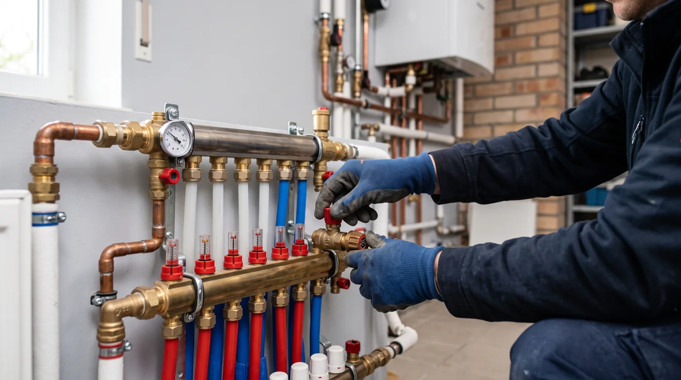 Fachbetrieb führt hydraulischen Abgleich am Heizkreisverteiler durch