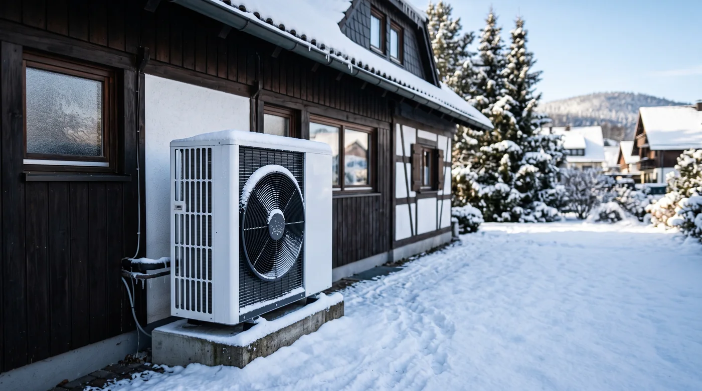 Wärmepumpe im Schnee vor einem Fachwerkhaus im Winter