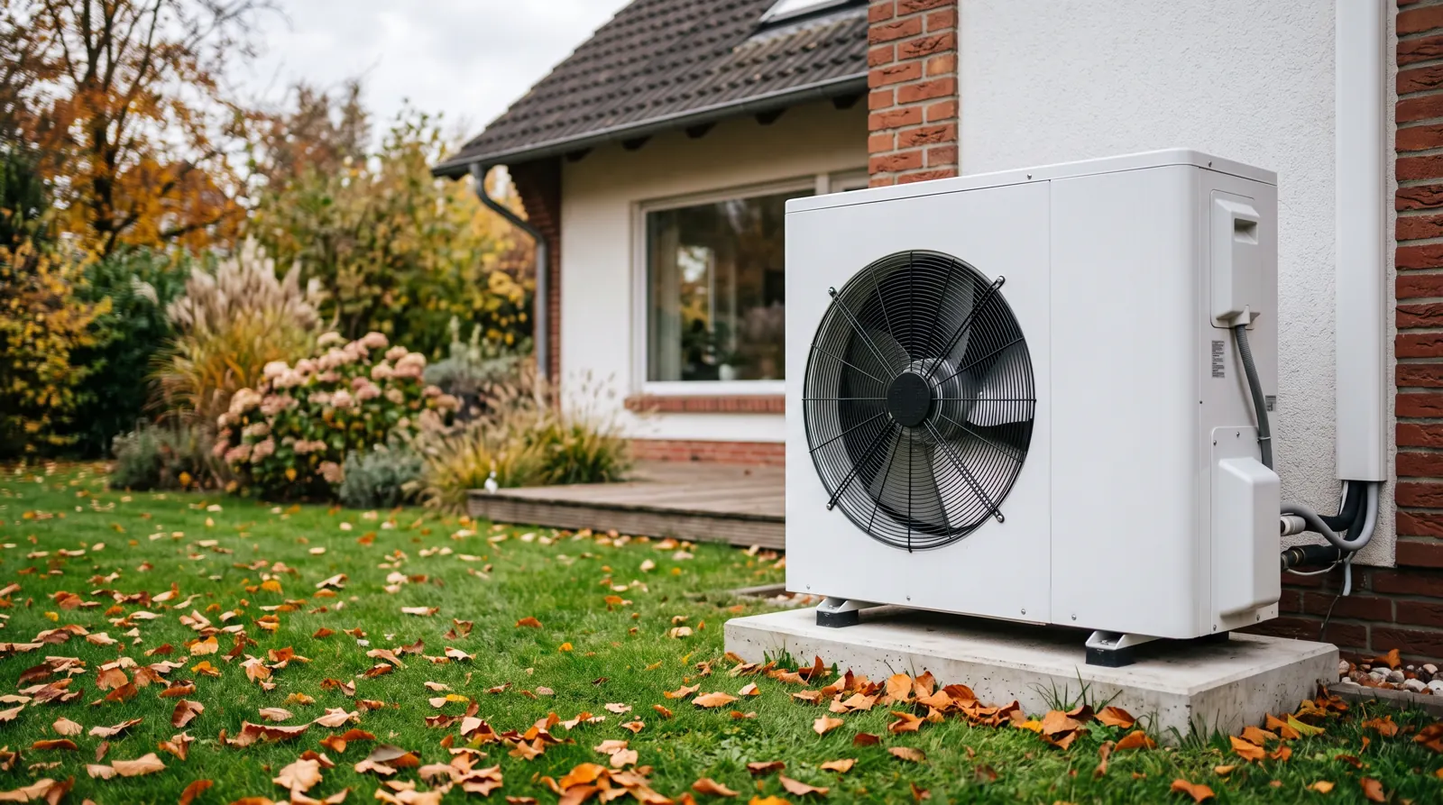 Luft-Wärmepumpe mit Lüfter im herbstlichen Garten eines Wohnhauses