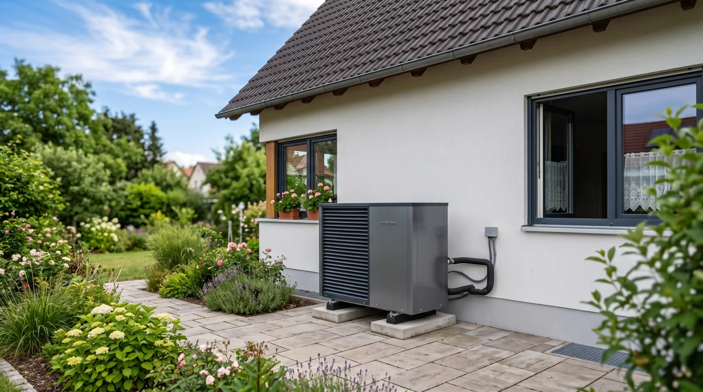 Wärmepumpen-Außeneinheit an einem sanierten Einfamilienhaus im Sommer