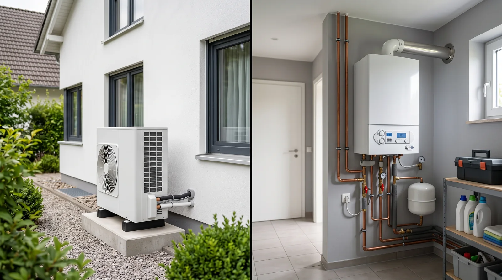 Vergleich Luft-Wasser-Wärmepumpe im Garten und Gas-Brennwertkessel im Heizungsraum