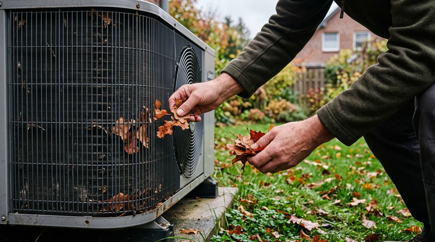 Hausbesitzer hält das Luftgitter der Außeneinheit von Laub frei