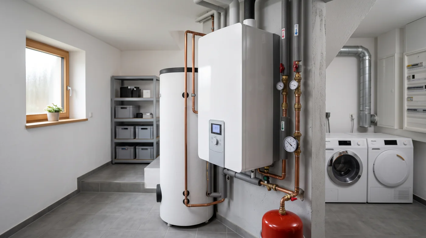 Innenaufgestellte Sole-Wasser-Wärmepumpe mit Manometer im Technikraum
