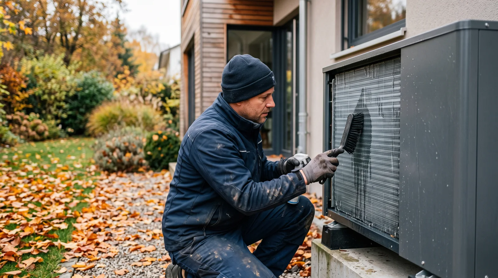 Techniker reinigt den Verdampfer einer außen aufgestellten Luft-Wärmepumpe an einem Einfamilienhaus