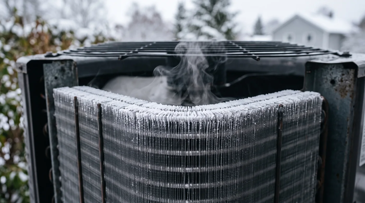 Nahaufnahme leicht vereister Lamellen einer Wärmepumpe während des automatischen Abtauvorgangs