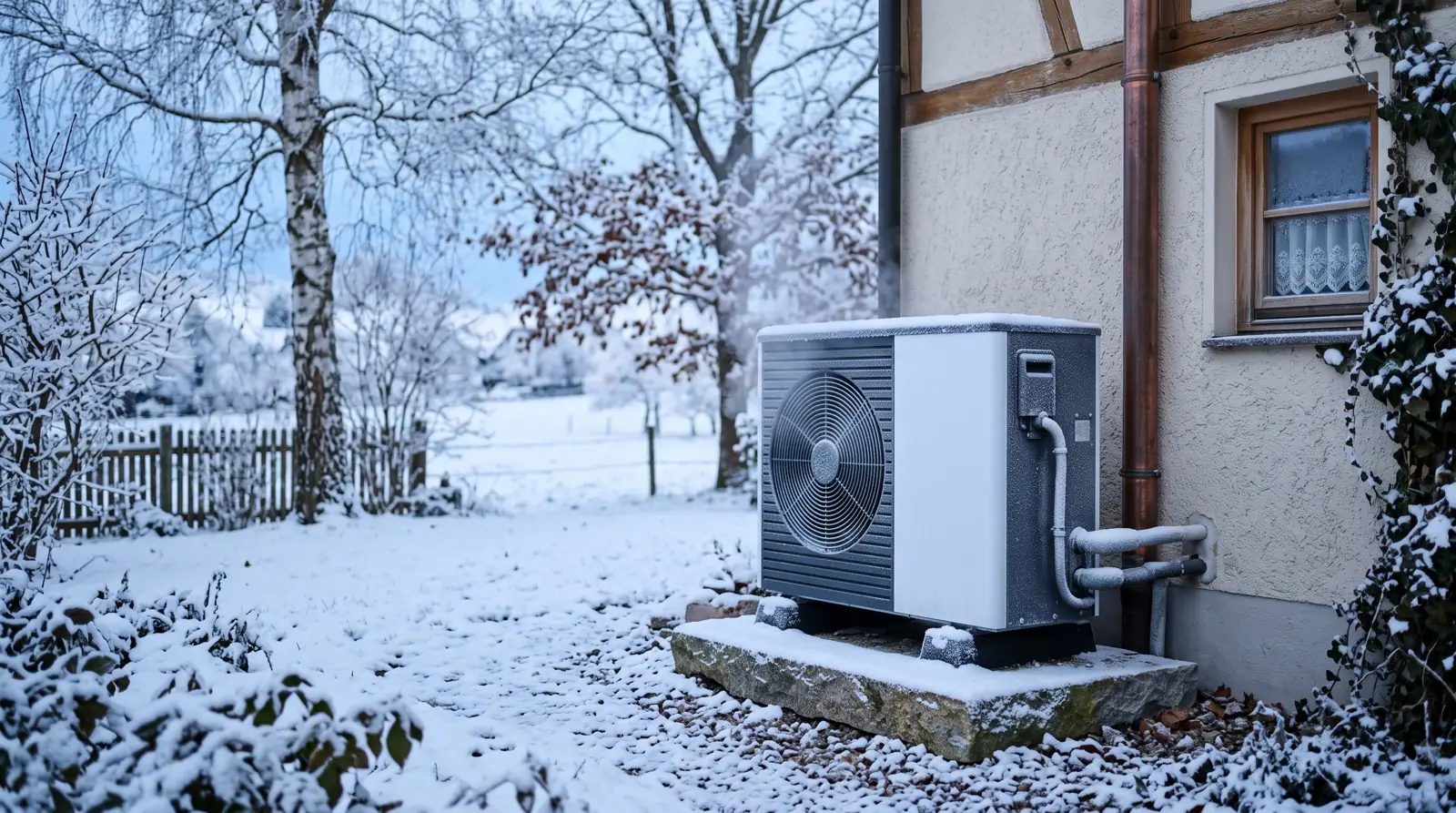 Außeneinheit einer Luft-Wärmepumpe an einem verschneiten deutschen Einfamilienhaus bei Frost