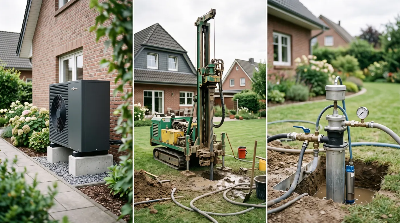 Drei Wärmepumpen-Systeme im Vergleich: Luftwärme, Erdwärmebohrung und Grundwasserbrunnen