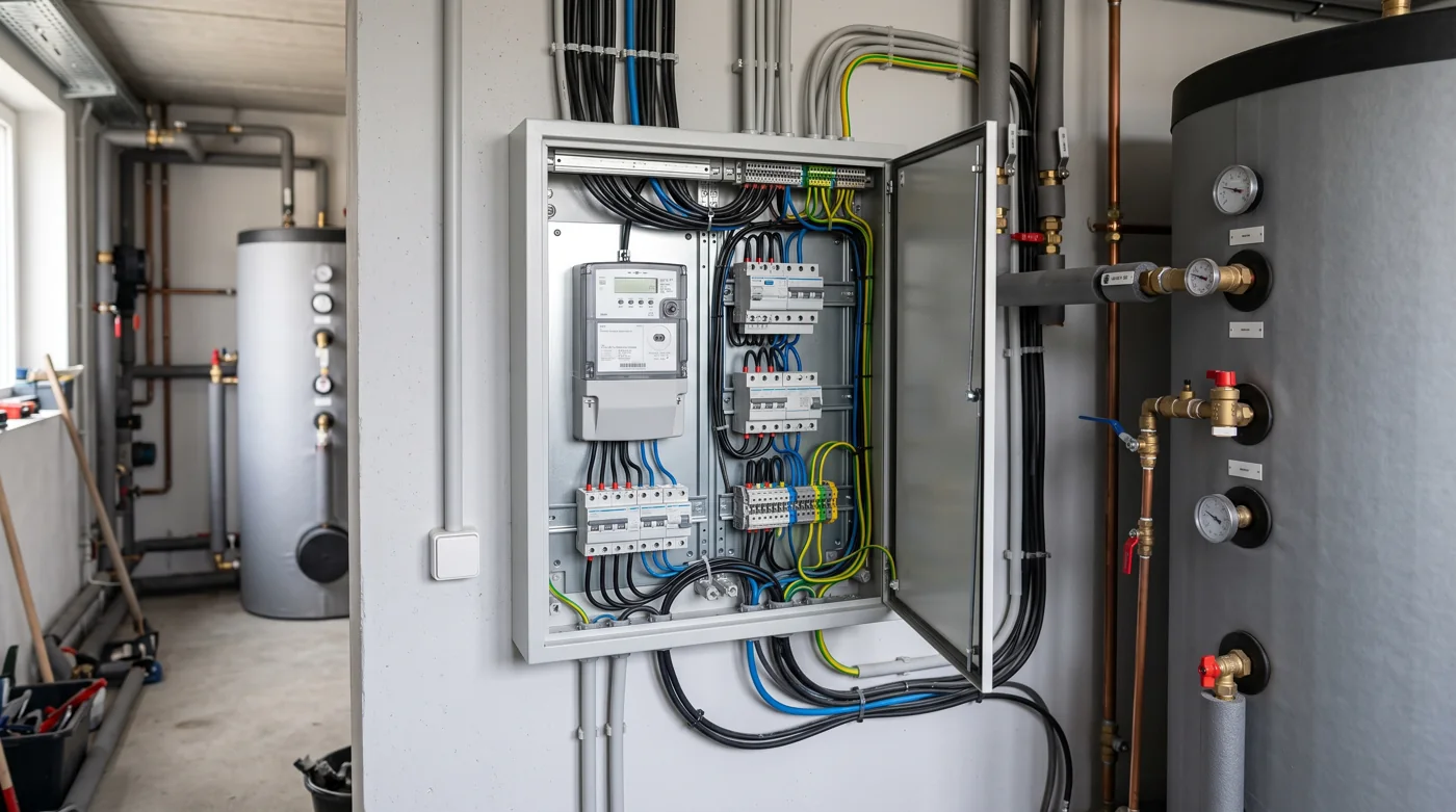 Detailaufnahme eines neuen Zählerschranks und der Elektroinstallation für eine Wärmepumpe