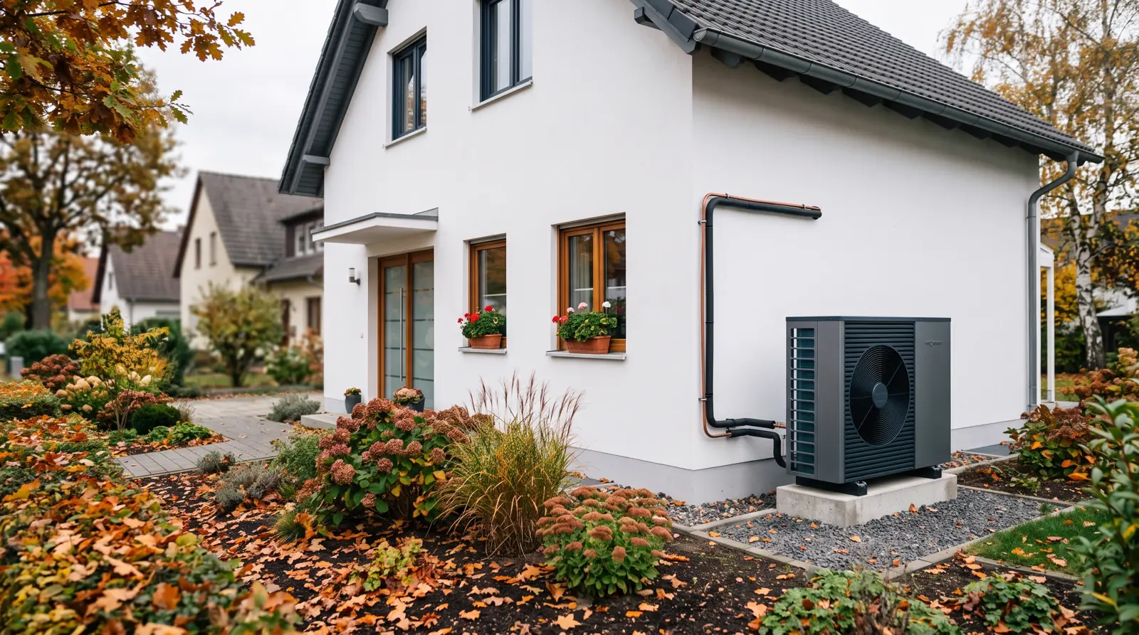 Moderne Luft-Wasser-Wärmepumpe als Außeneinheit vor einem deutschen Einfamilienhaus