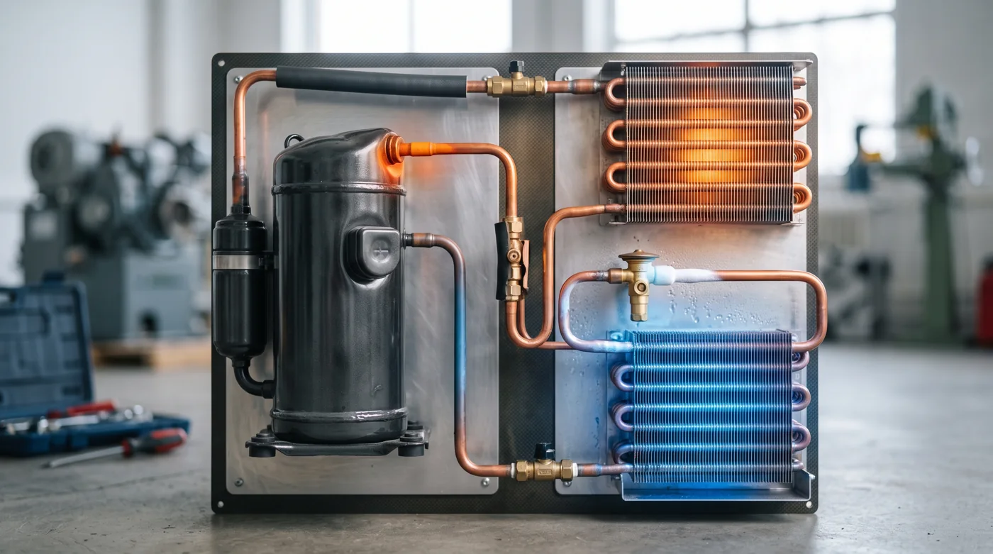 Kältekreis einer Wärmepumpe mit Verdampfer, Verdichter, Verflüssiger und Expansionsventil