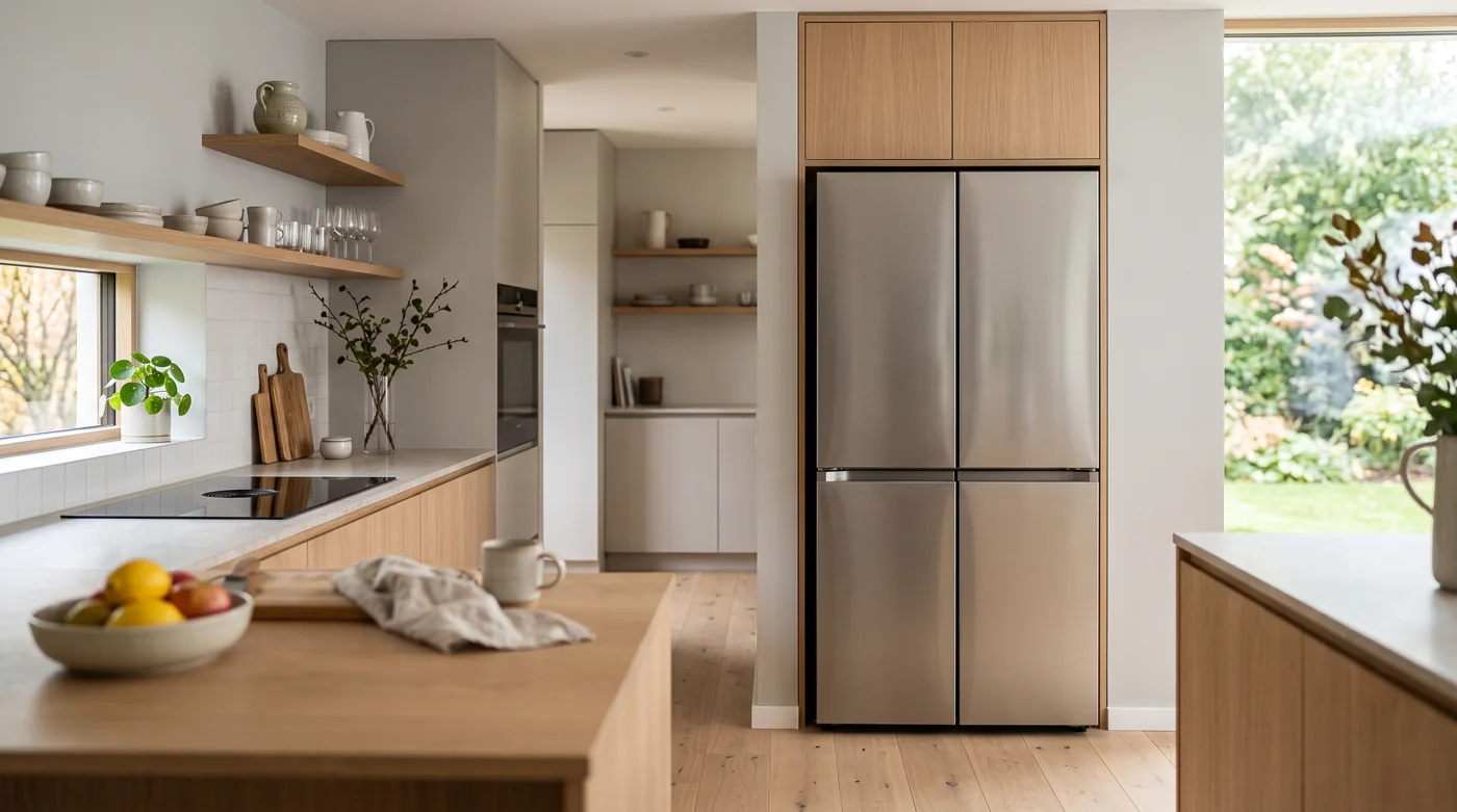 Kühlschrank in einer modernen Küche als Analogie zur Wärmepumpe