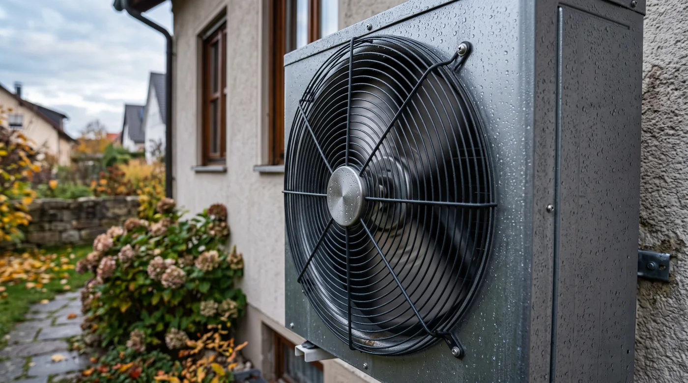 Ventilator einer Luft-Wärmepumpe an einer Hauswand als Hauptschallquelle