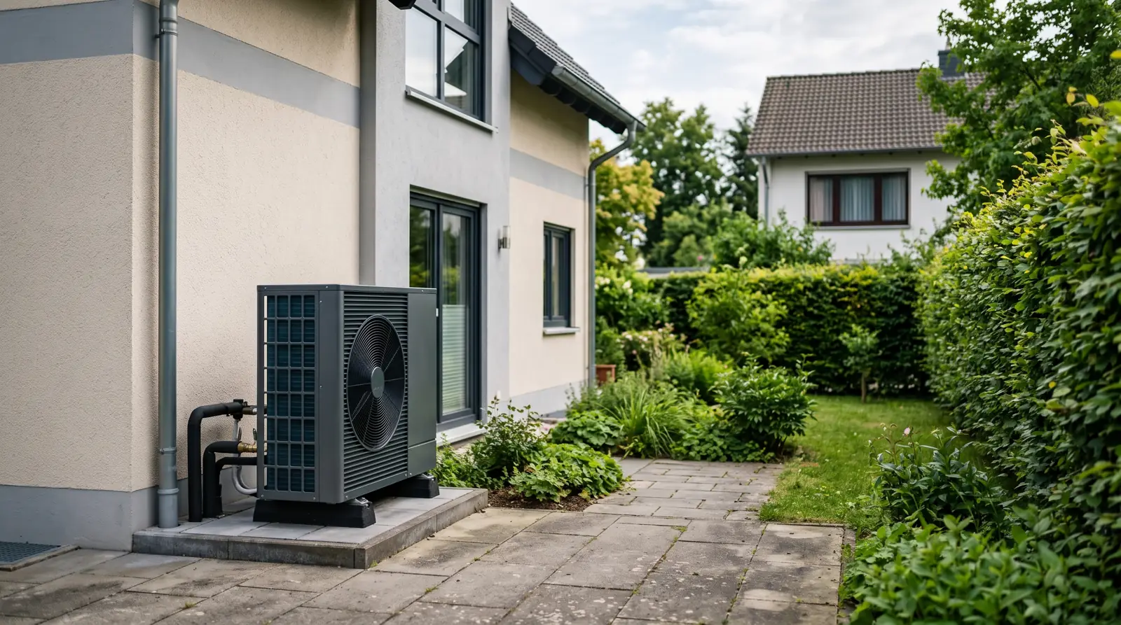 Außeneinheit einer Luft-Wärmepumpe neben einem Wohnhaus mit Blick auf das Nachbarfenster